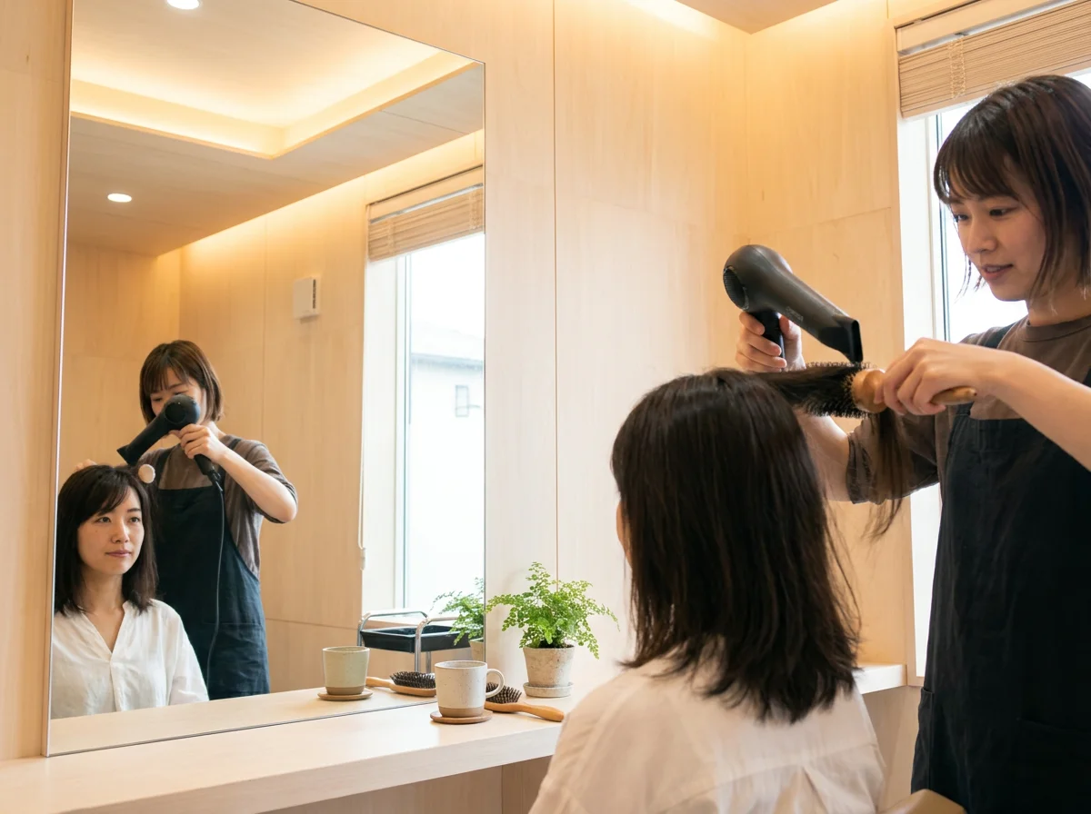 カットとカラーの施術を受ける様子