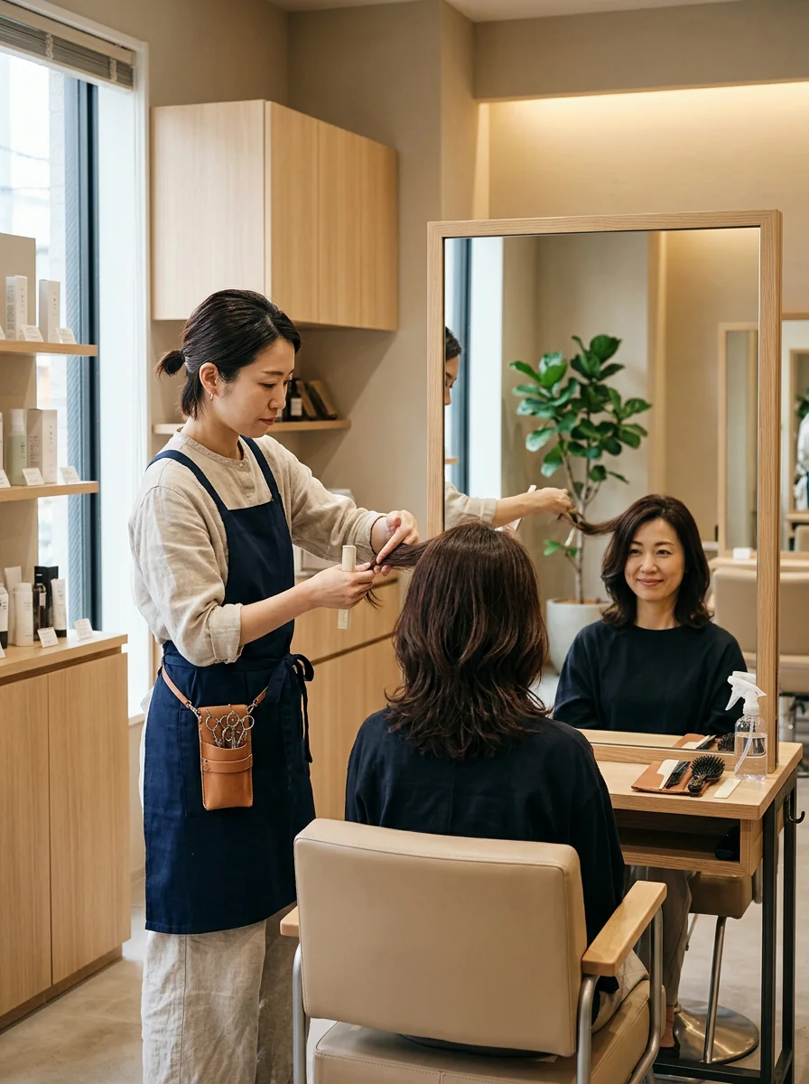 鏡のそばでお客様の髪の長さと毛流れを確認する女性スタイリスト